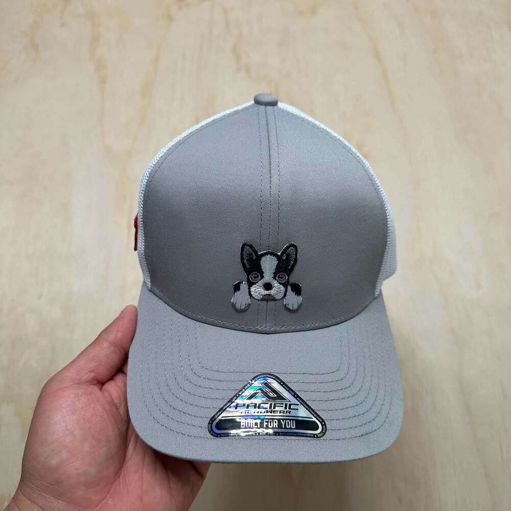 Pacific Headwear Gray and White with French bulldog N’ NASCAR #42 Hill's Patches